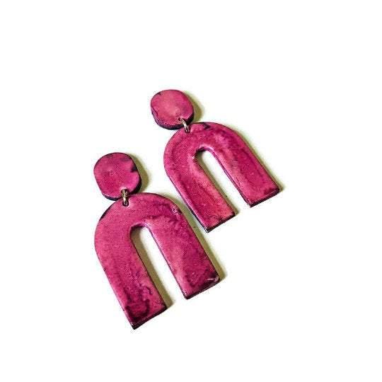 Neon Pink Clip On Statement Earrings with U Shape Arch - Sassy Sacha Jewelry