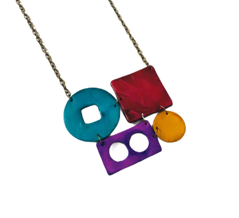 Funky Statement Necklace with Bold Colorful Geometric Style, Polymer Clay Jewelry Painted with Alcohol Ink, Quirky Unusual Necklace - Sassy Sacha Jewelry