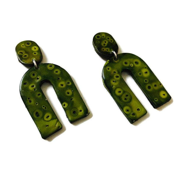 Green Statement Earrings, Polymer Clay Earrings, Drop Post or Clip On Earrings Chartreuse, Modern Contemporary Bohemian Arch Wishbone - Sassy Sacha Jewelry