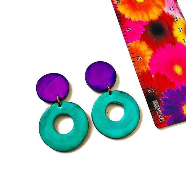 Clip On Earrings Turquoise Purple, Drop Hoop Statement Earrings Handmade from Polymer Clay, Big Bold Chunky Colorful Painted Earrings Gift - Sassy Sacha Jewelry