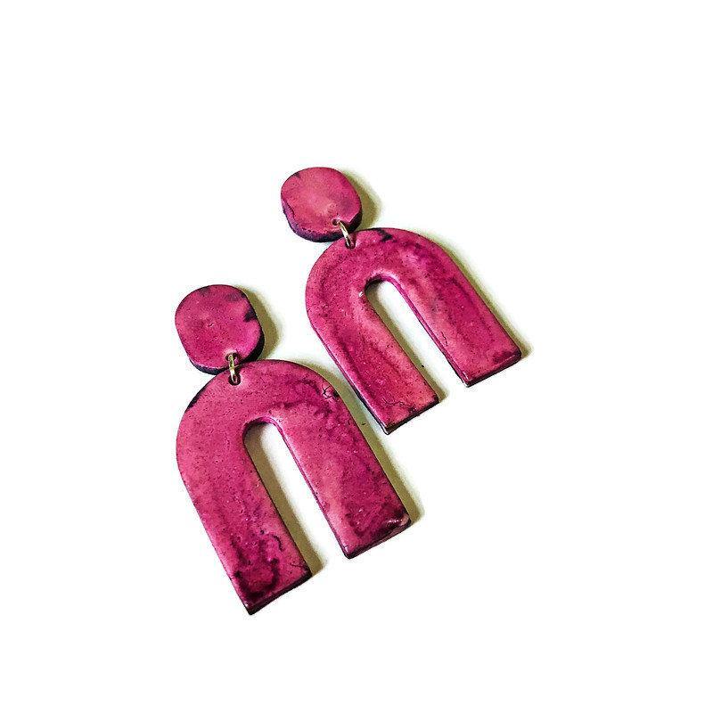 Dusty Pink Statement Earrings Handmade, Polymer Clay Arch Earrings Hand Painted - Sassy Sacha Jewelry