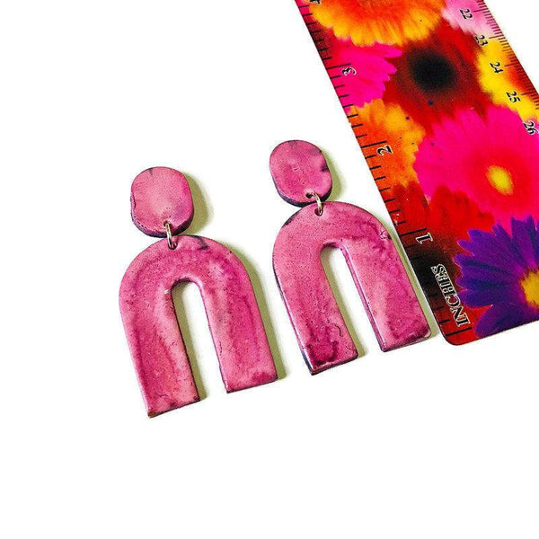 Dusty Pink Statement Earrings Handmade, Polymer Clay Arch Earrings Hand Painted - Sassy Sacha Jewelry