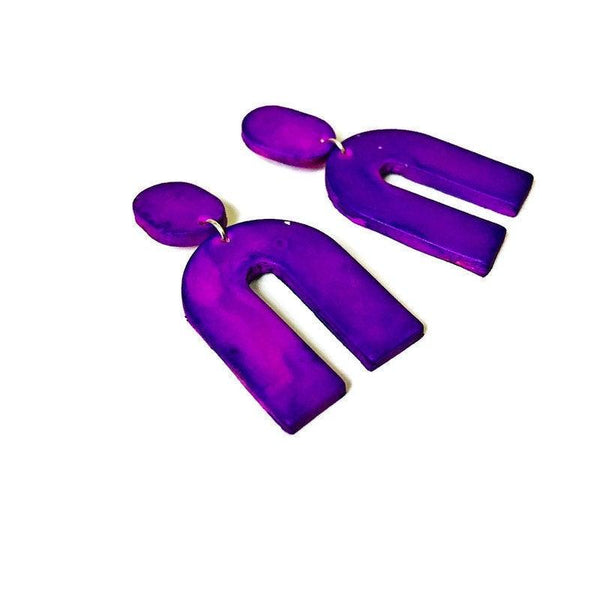 Purple Arch Clip On Earrings Handmade from Polymer Clay Painted with Alcohol Ink - Sassy Sacha Jewelry