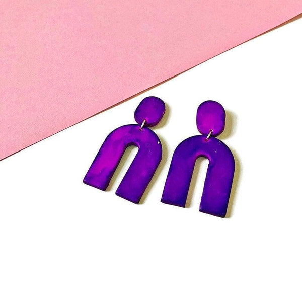 Purple Arch Clip On Earrings Handmade from Polymer Clay Painted with Alcohol Ink - Sassy Sacha Jewelry