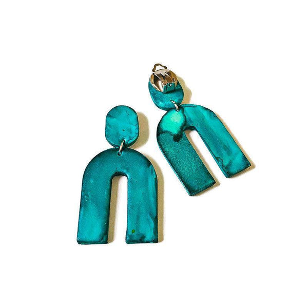 Turquoise Arch Statement Earrings Handmade from Clay & Hand Painted with Alcohol Ink - Sassy Sacha Jewelry