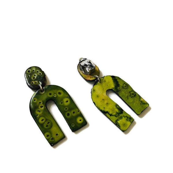 Green Statement Earrings, Polymer Clay Earrings, Drop Post or Clip On Earrings Chartreuse, Modern Contemporary Bohemian Arch Wishbone - Sassy Sacha Jewelry