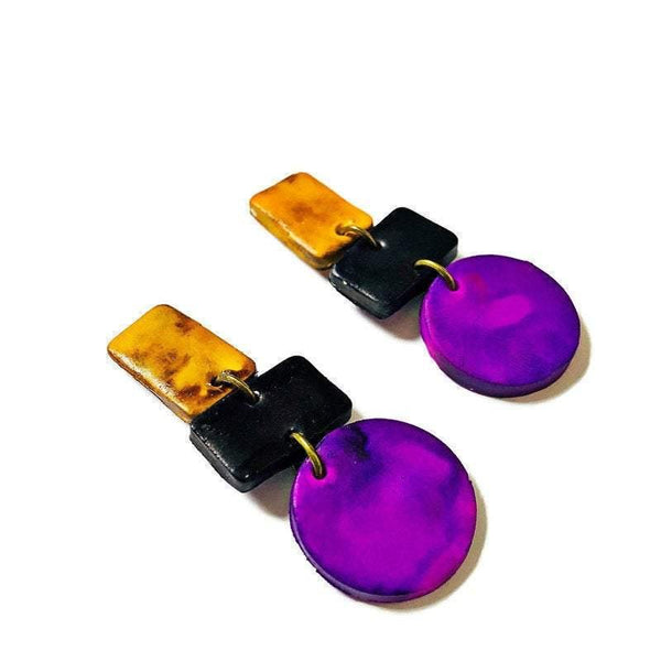 Unique Artsy Earrings Handmade from Clay & Painted Purple Yellow Black - Sassy Sacha Jewelry