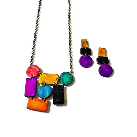 Abstract Geometric Jewelry Set with Statement Necklace & Long Drop Dangles or Clip On Earrings - Sassy Sacha Jewelry