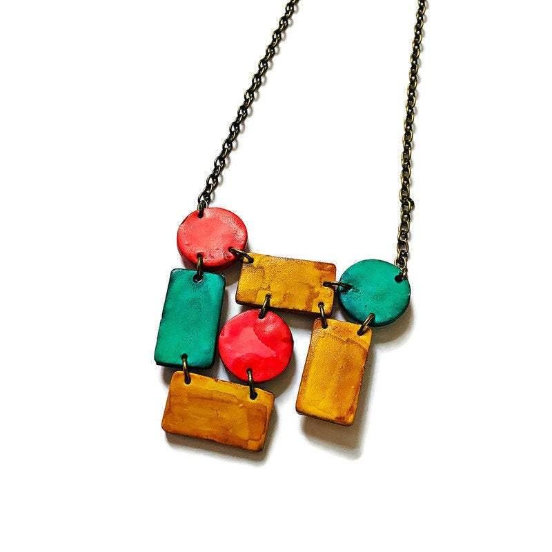 Artsy Statement Bib Necklace with Geometric Style Handmade from Clay & Painted - Sassy Sacha Jewelry