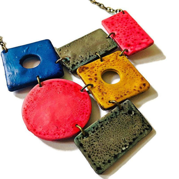 Large Geometric Statement Necklace Handmade from Clay & Painted with Alcohol Ink - Sassy Sacha Jewelry
