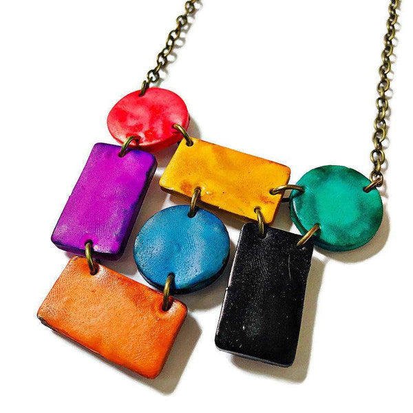 Multi-Shape Statement Necklace, Polymer Clay Bib Painted with Alcohol Ink - Sassy Sacha Jewelry