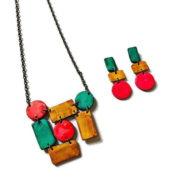 Artsy Statement Bib Necklace with Geometric Style Handmade from Clay & Painted - Sassy Sacha Jewelry