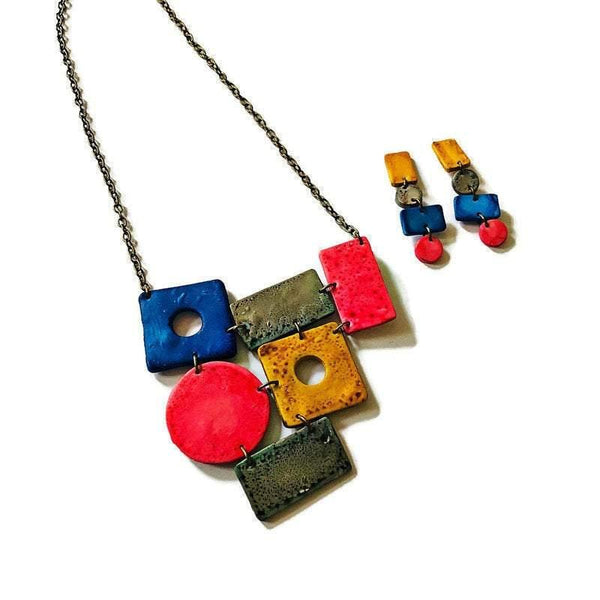 Big  Colorful Statement Jewelry Set with Wide Statement Necklace & Long Geometric Earrings - Sassy Sacha Jewelry