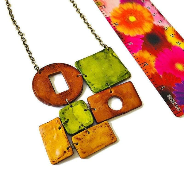 Fall Statement Necklace Handmade Polymer Clay Jewelry Painted with Alcohol Ink. Big Bold Chunky Geometric Necklace Chartreuse Brown & Yellow - Sassy Sacha Jewelry
