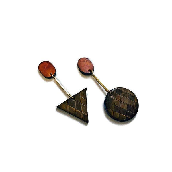Brown Fall Earrings, Long Geometric Drop Dangles with Brass Bar, Polymer Clay Earrings - Sassy Sacha Jewelry