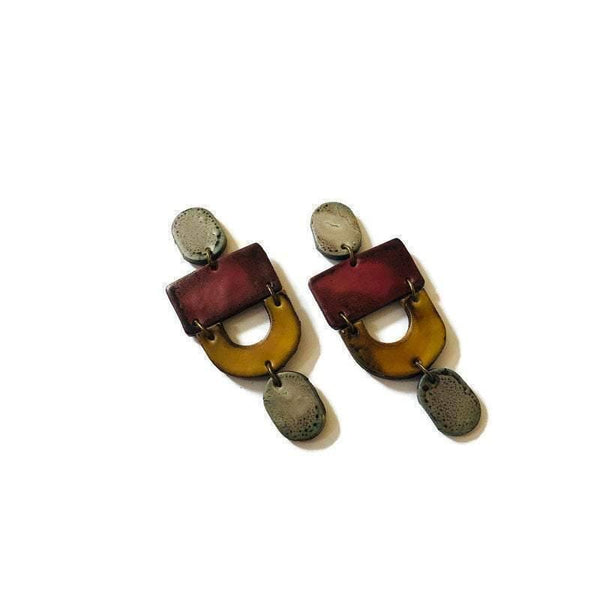 Bold Bohemian Earrings for Fall, Large Chunky Statement Earrings Handmade from Polymer Clay & Painted in Earthy Mustard Yellow Grey Maroon - Sassy Sacha Jewelry