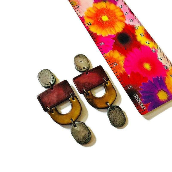 Bold Bohemian Earrings for Fall, Large Chunky Statement Earrings Handmade from Polymer Clay & Painted in Earthy Mustard Yellow Grey Maroon - Sassy Sacha Jewelry
