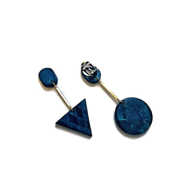 Long Blue Clip On Earrings with Brass Bar