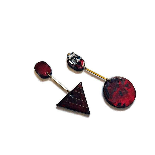 Brown Fall Earrings, Long Geometric Drop Dangles with Brass Bar, Polymer Clay Earrings - Sassy Sacha Jewelry