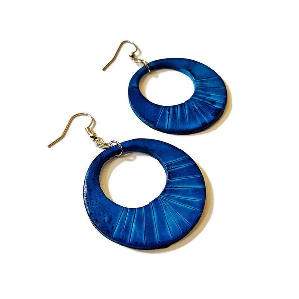 Sky Blue Hoop Earrings, Polymer Clay Earrings Hand Painted