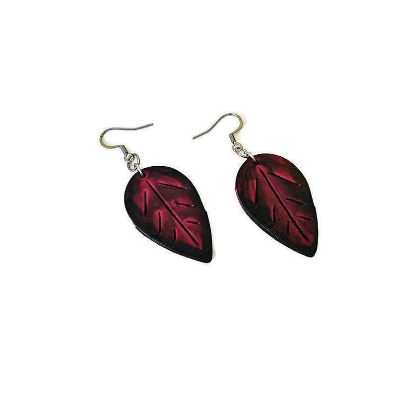 Boho Leaf Earrings Maroon & Mustard Yellow, Botanical Mismatched Earrings for Women, Painted Ceramic Dangles, Handmade Gifts for Women - Sassy Sacha Jewelry