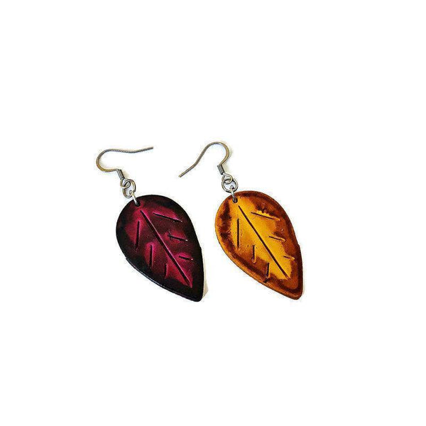 Boho Leaf Earrings Maroon & Mustard Yellow, Botanical Mismatched Earrings for Women, Painted Ceramic Dangles, Handmade Gifts for Women - Sassy Sacha Jewelry