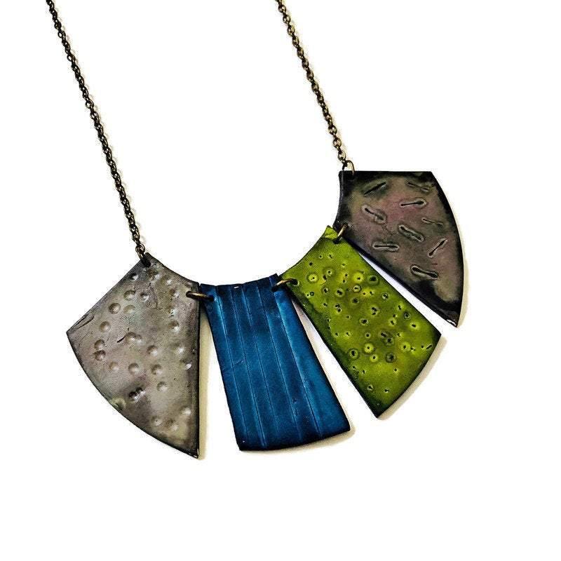 Boho Fringe Necklace Bold & Chunky, Polymer Clay Jewelry Painted with Alcohol Ink, Geometric Statement Bib Collar, Birthday Gift for Women - Sassy Sacha Jewelry