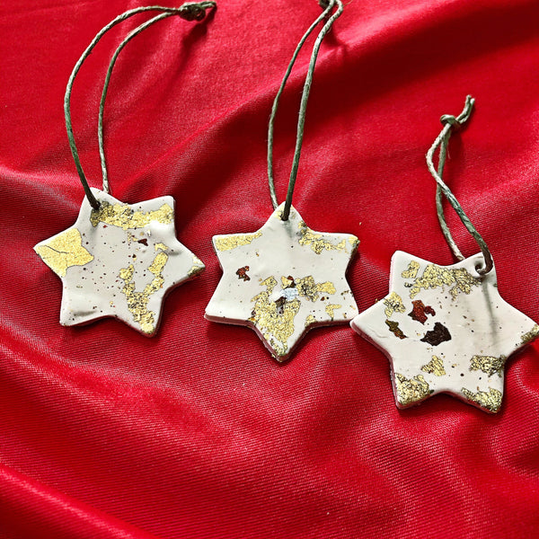 Minimalist Star Ornaments, White Star Ornaments with Gold Flakes