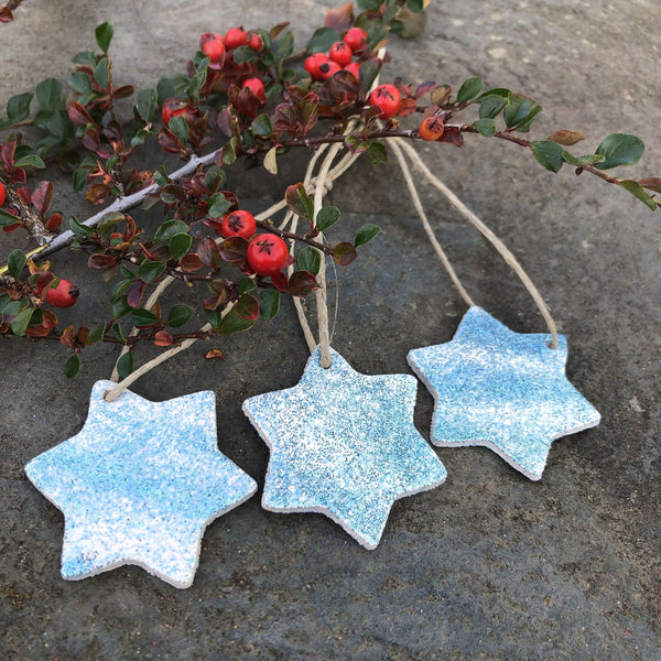 Holographic Ornaments, Star  Christmas Tree Decorations, Polymer Clay Ornaments Handmade in Canada, Sparkling Minimalist Holiday Décor - Sassy Sacha Jewelry
