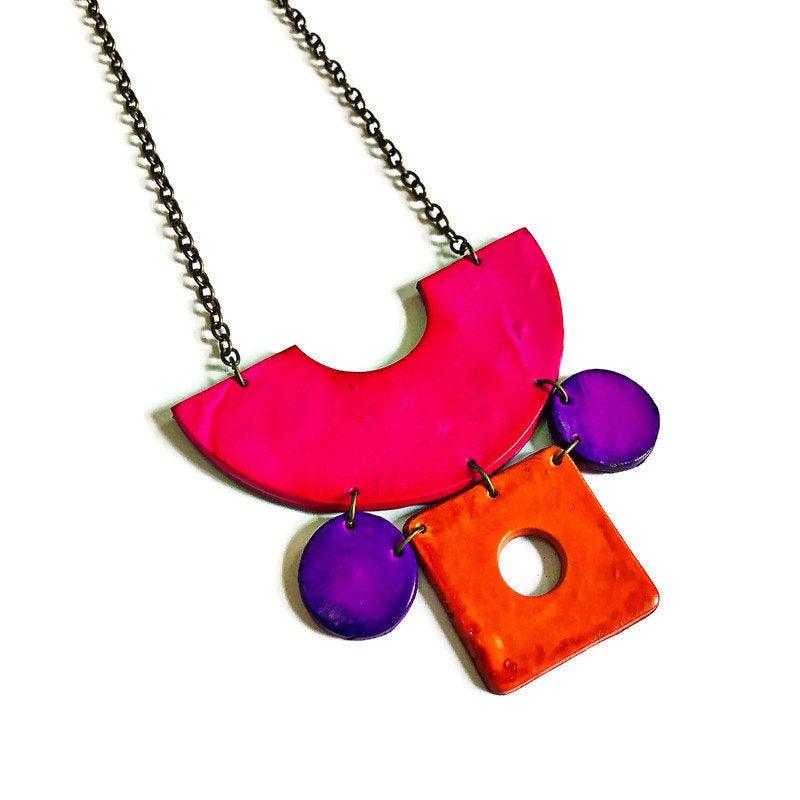 Retro Statement Necklace with Abstract Shapes, Geometric Bib Necklace Handmade from Polymer Clay and Painted, Neon 70s 80s Fashion Gift - Sassy Sacha Jewelry