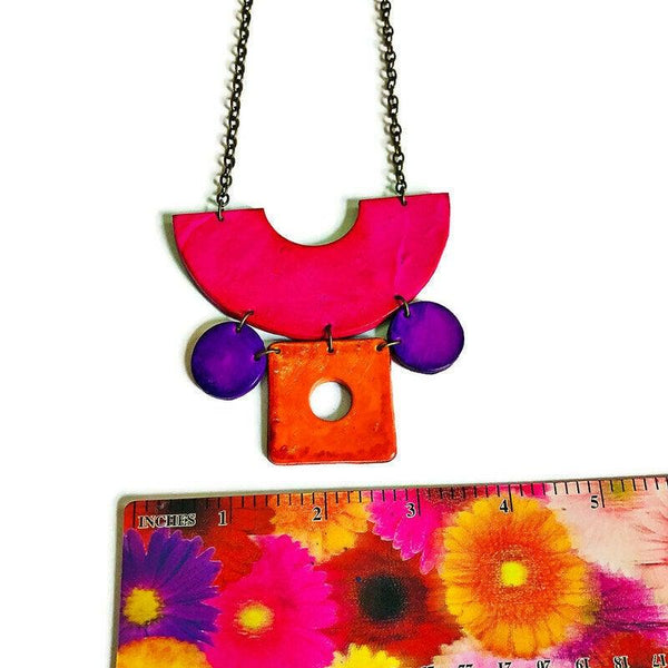 Retro Statement Necklace with Abstract Shapes, Geometric Bib Necklace Handmade from Polymer Clay and Painted, Neon 70s 80s Fashion Gift - Sassy Sacha Jewelry