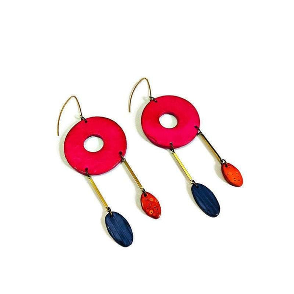 Colorful Statement Earrings, Geometric Jewelry, Oversized Polymer Clay Earrings with Long Brass Bars, Arty Painted Dangles - Sassy Sacha Jewelry