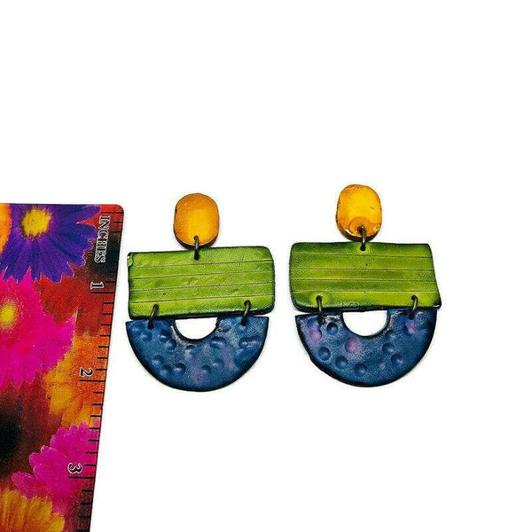 Bold Wide Statement Earrings with Geometric Shapes & Colorful Aesthetic, Polymer Clay Hand Painted Earrings Post or Clip Ons, Edgy Funky - Sassy Sacha Jewelry