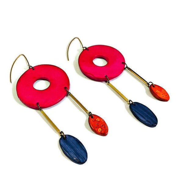 Colorful Statement Earrings, Geometric Jewelry, Oversized Polymer Clay Earrings with Long Brass Bars, Arty Painted Dangles - Sassy Sacha Jewelry
