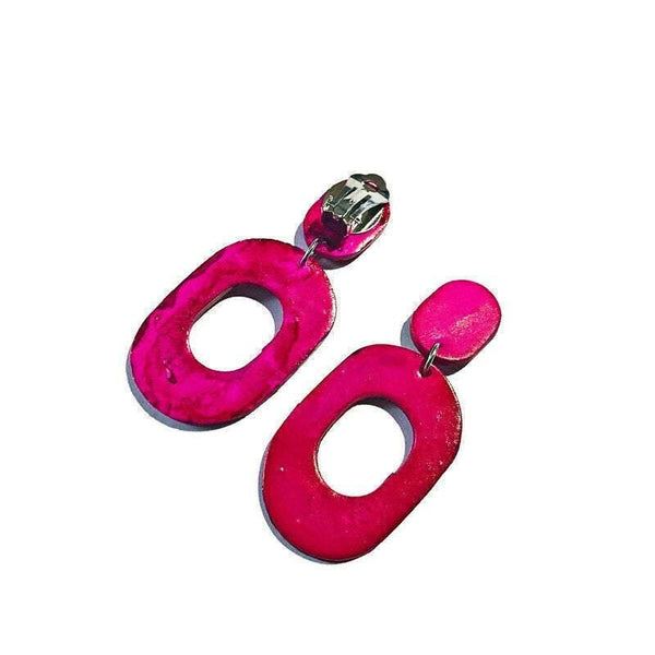 Hot Pink 70s Clip On Earrings, Large Hoop Drop Dangles Handmade - Sassy Sacha Jewelry