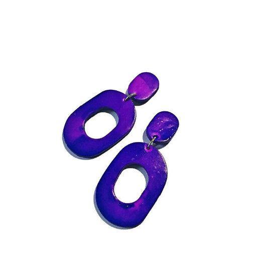 Big Purple Clip On Earrings, Handmade Clay Earrings Painted with Alcohol Ink - Sassy Sacha Jewelry