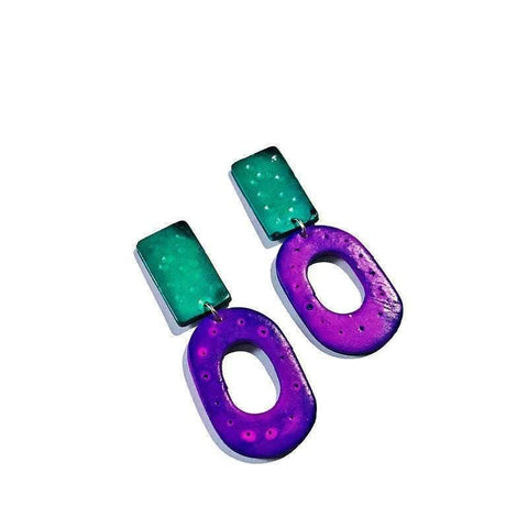 Boho Statement Earrings Turquoise & Purple, Extra Long Earrings with Geometric Design, Polymer Clay Jewelry Gift for Women, Big Artsy Bold - Sassy Sacha Jewelry