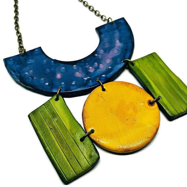Colorful Geometric Statement Necklace Handmade, Polymer Clay Jewelry with Retro Abstract Shapes, Chunky Boho Bib Necklace, Canadian Sellers - Sassy Sacha Jewelry