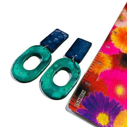 Boho Statement Earrings Turquoise & Purple, Extra Long Earrings with Geometric Design, Polymer Clay Jewelry Gift for Women, Big Artsy Bold - Sassy Sacha Jewelry