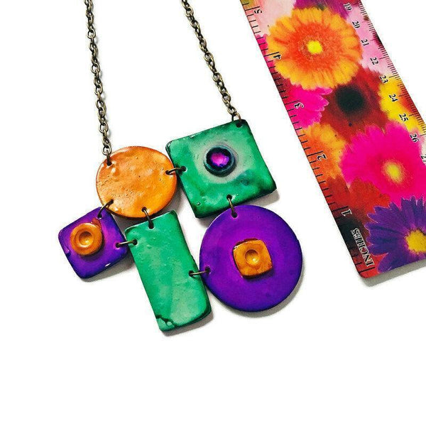 Geometric Statement Necklace in Turquoise Purple Yellow,  Polymer Clay Jewelry Hand Painted, Big Bold Chunky Bib Necklace Gift for Women - Sassy Sacha Jewelry