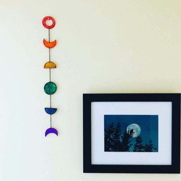 Rainbow Moon Phase Wall Hanging,  Pride Decoration, Colorful Galaxy Artwork - Sassy Sacha Jewelry