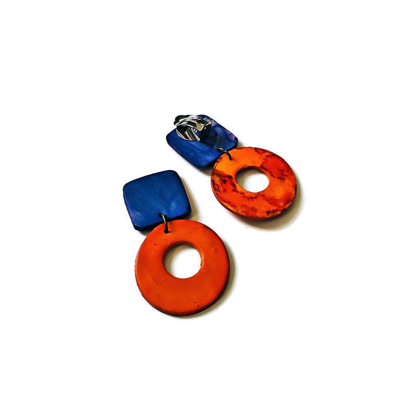 Polymer Clay Earrings Painted Orange & Blue