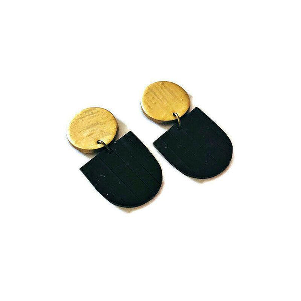Black & Gold Modern Clip On Earrings Handmade from Clay & Painted - Sassy Sacha Jewelry
