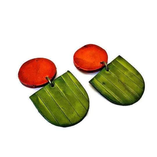 Fan Drop Dangle Earrings in Burnt Orange & Olive Green - Sassy Sacha Jewelry