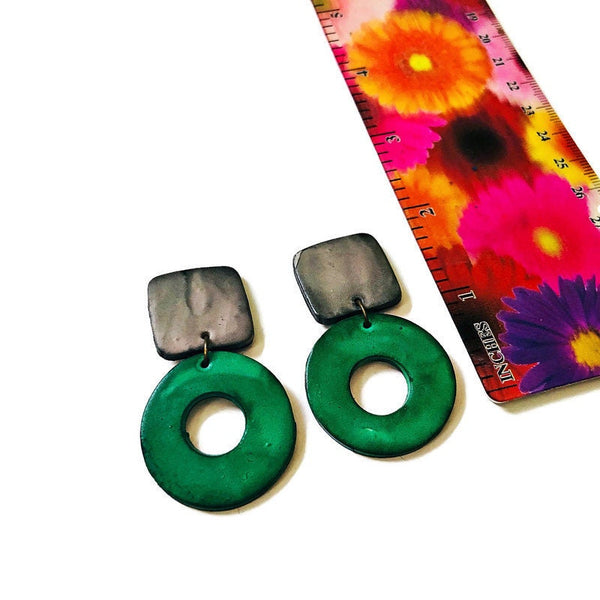 Forest Green Clip On Earrings with Circle Hoop