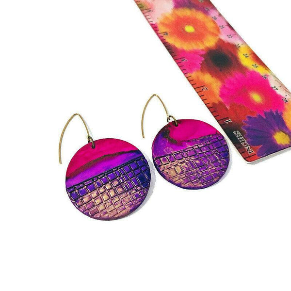 Alcohol Ink Earrings Pink Purple & Gold, Large Disc Dangles, Polymer Clay Jewelry Painted in Modern Abstract Style, Statement African Ethnic - Sassy Sacha Jewelry