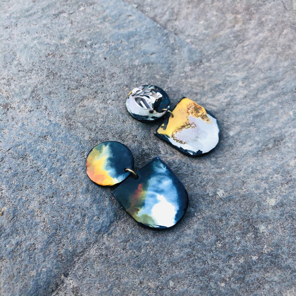 Abstract Clip On Earrings for Non Pierced Ears in Black White Orange Marble Blend - Sassy Sacha Jewelry