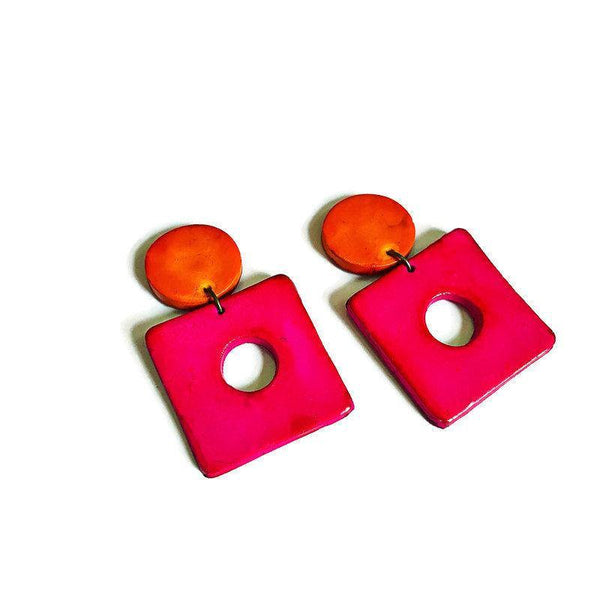 Big Statement Earrings in Teal & Orange, Square Hoop Drop Dangles - Sassy Sacha Jewelry