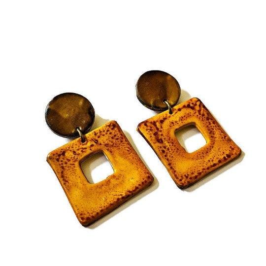 Teal & Orange Square Clip On Earrings Handmade - Sassy Sacha Jewelry