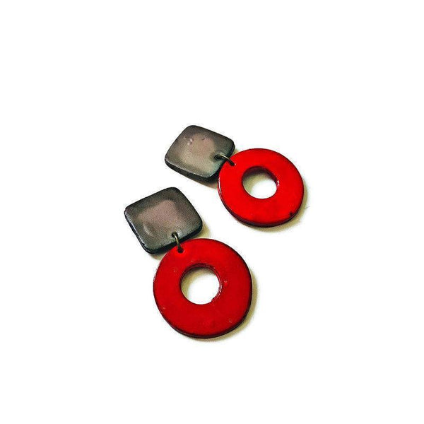 Big Grey Red Statement Earrings, Polymer Clay Earrings with Circle Hoop, Oversized Studs or Clip Ons, Geometric Jewelry Handmade Painted - Sassy Sacha Jewelry